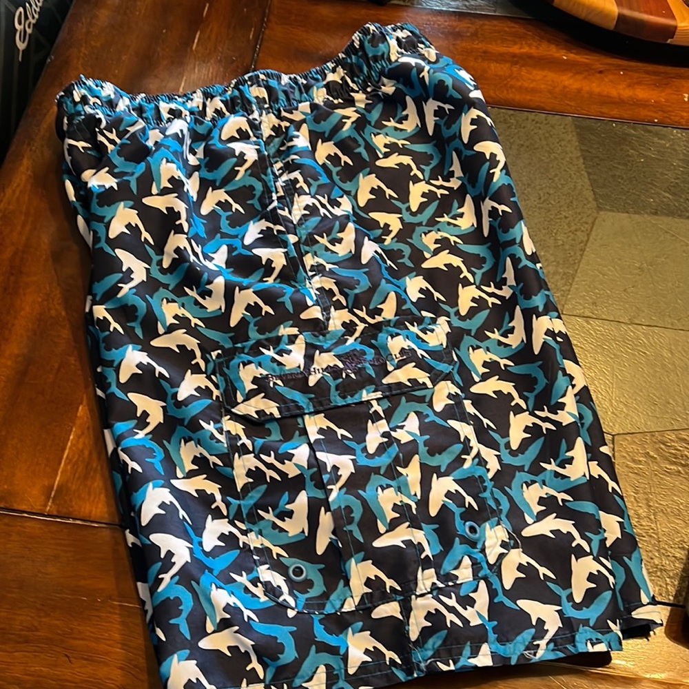 Beverly Hills polo club, swim trunks navy background with aqua & white sharks S
